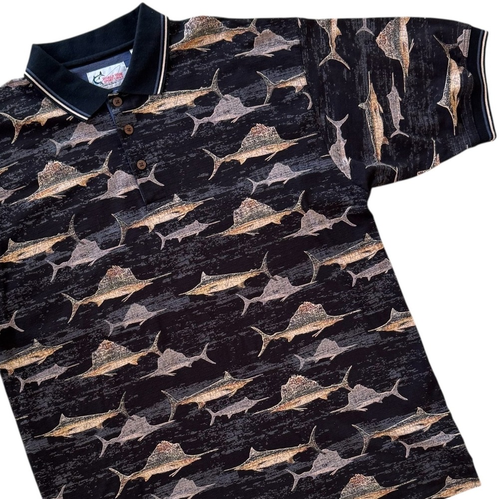World‎ Wide Sportsman XL Black Marlin Print Sport Fishing Top Men's Polo Shirt
